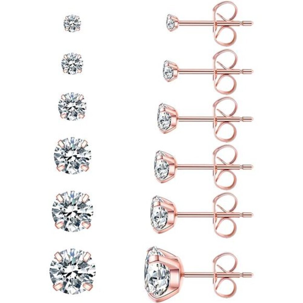 6 Pairs Rose Gold Stud Earrings Set, Hypoallergenic Cubic Zirconia 316L Earrings